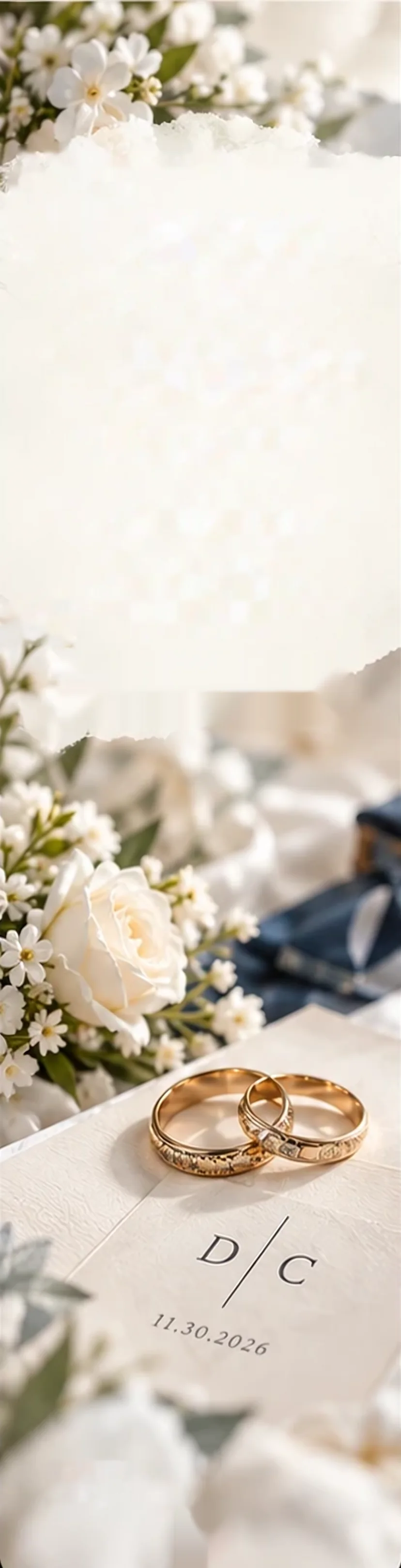 Ivory roses and gold wedding rings on D | C stationery